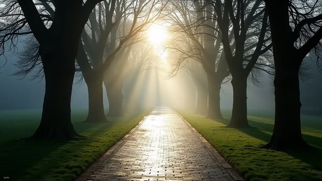 Castle gardens pathway on misty morning with soft light filtering through trees, wet paving, peaceful atmosphere