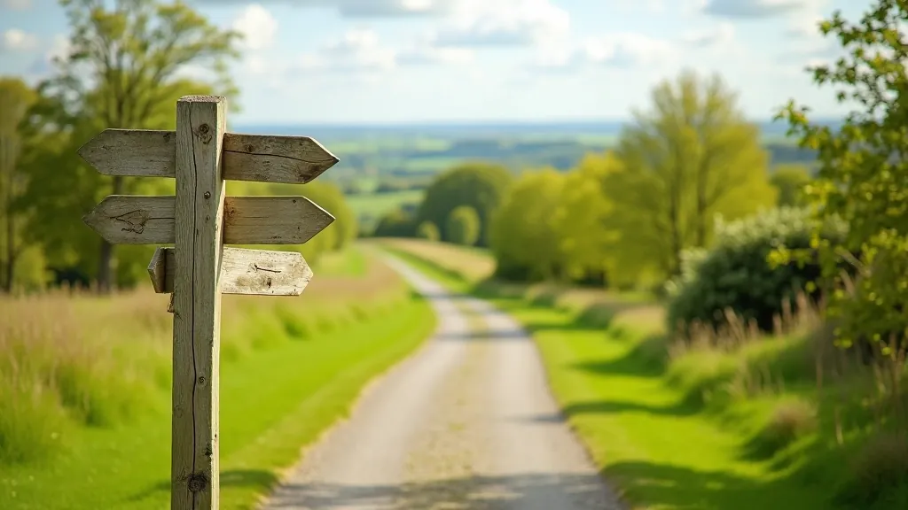 Walking trail marker signs on a tree with scenic countryside landscape in background