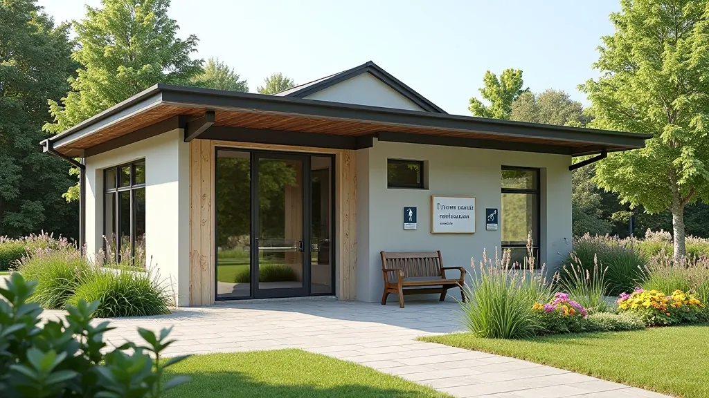 Park facilities including accessible restroom entrance, clear signage, and nearby parking area