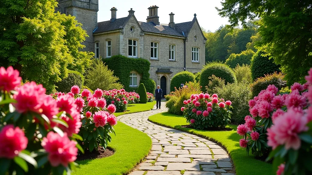 Historic castle gardens with manicured lawns and flowering plants