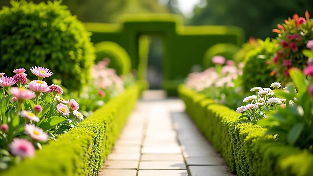 Close-up of flowering garden borders with stone pathways and manicured hedges at Kilkenny Castle, showing the Victorian garden design details and colorful plantings
