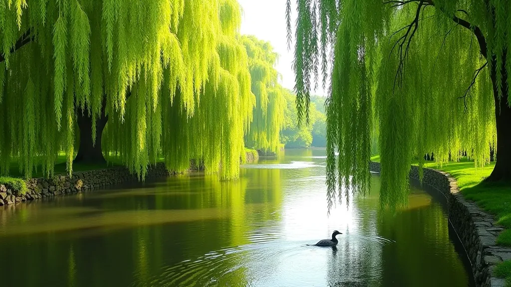 River landscape with overhanging willow trees, calm water reflections, birds in natural habitat