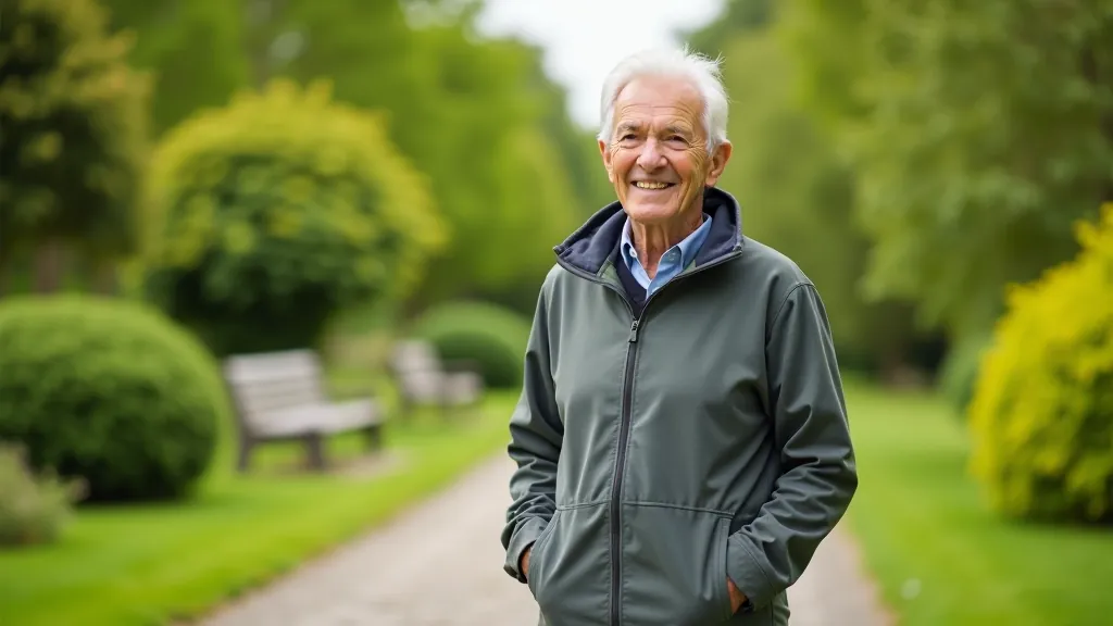 Person with walking stick on paved garden path, benches visible in background, castle walls framing the scene