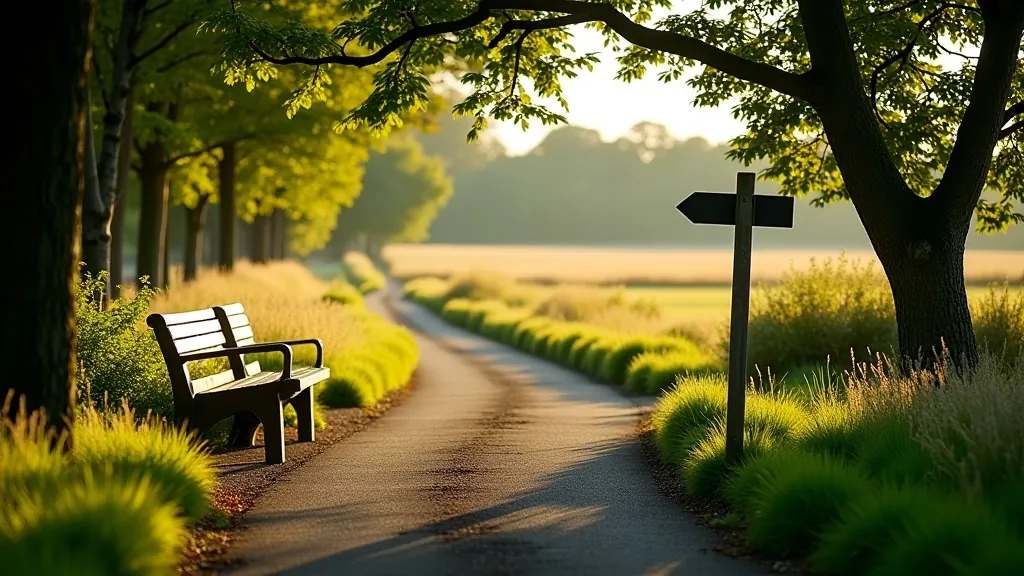 Walking trail intersection with directional signage, benches for rest, open meadow and river views