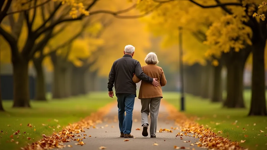 Seniors enjoying a leisurely walk through a scenic park setting