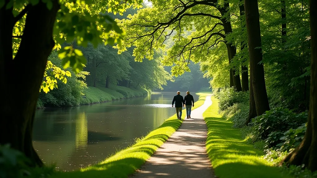 Scenic riverside path with green vegetation and walking trail