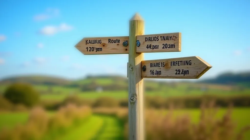 Directional signpost at rural walking trail junction showing multiple route options with distance markers